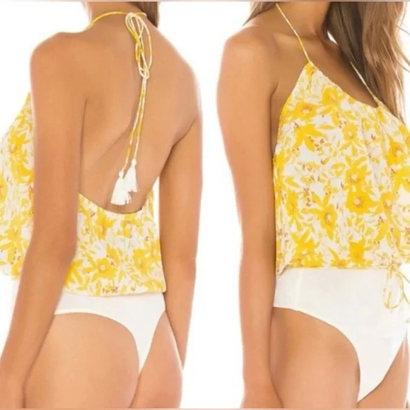 NWT Free People Ivory Combo Yellow Floral Intimately‎ Halter Bodysuit Size Small - Picture 2 of 5
